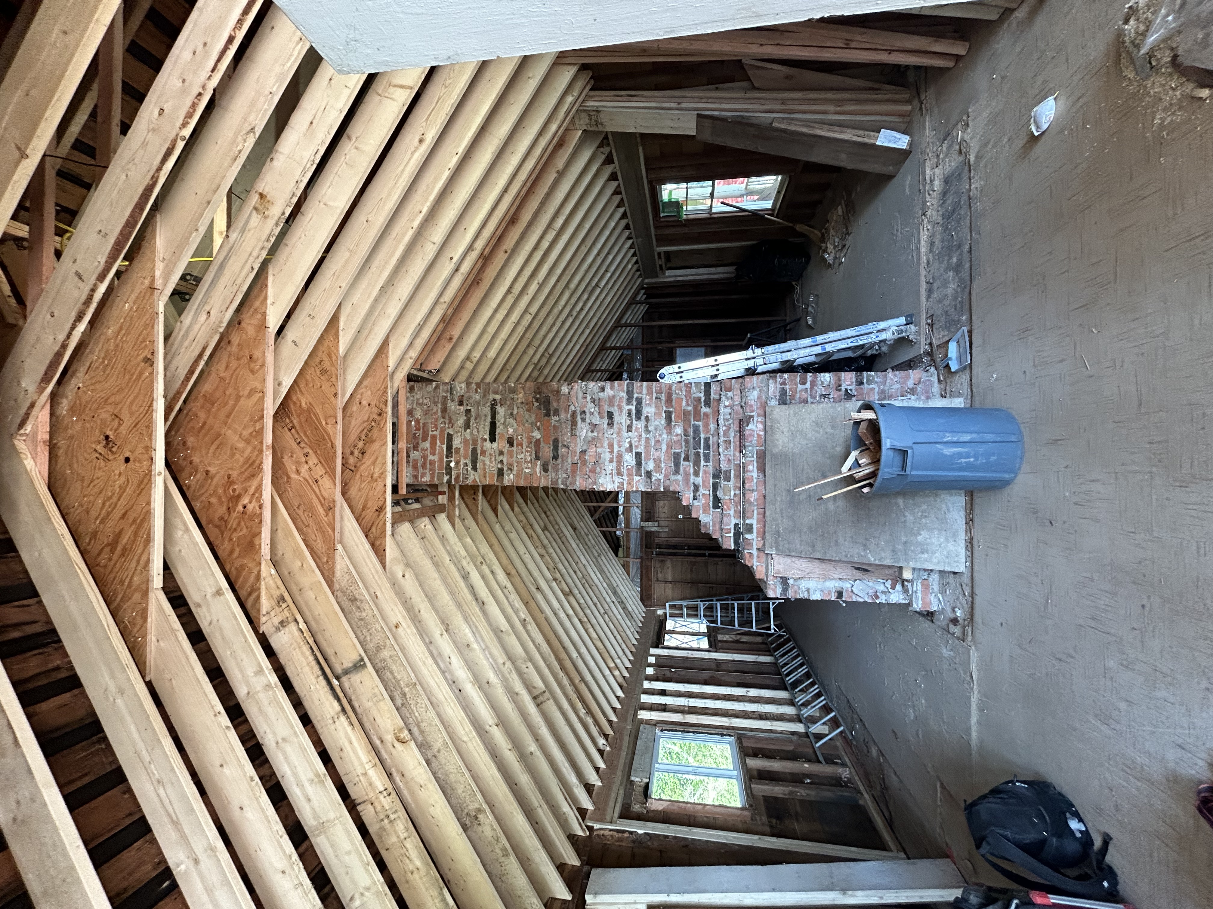 Gambier Island cabin — overhead view of roof structure and open-plan interior